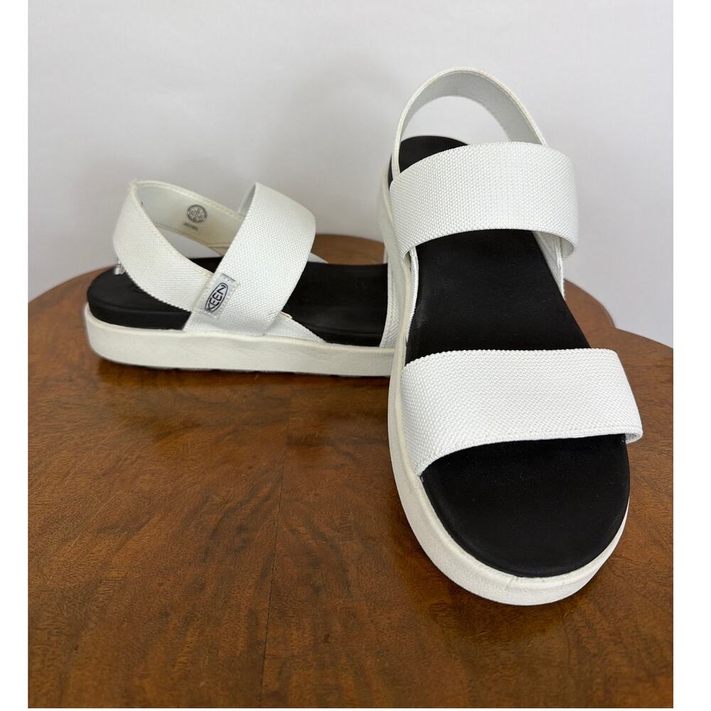 NIB Keen White Elastic 3 Strap Black Footbed Slip On Sandal 10